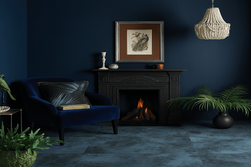 Deep navy velvet armchair with black and silver leaf-patterned cushion in metal effect floor tiles collection