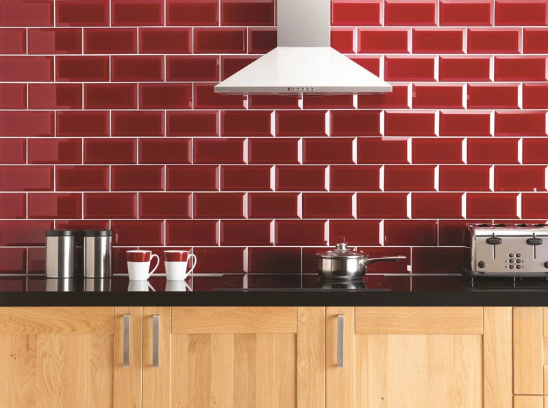 Red glossy ceramic subway tile backsplash from the metro tiles collection for kitchen and bathroom walls