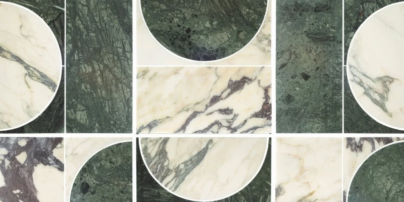 Elegant green and white marble tiles with swirling veining patterns from the Monet Marble Collection