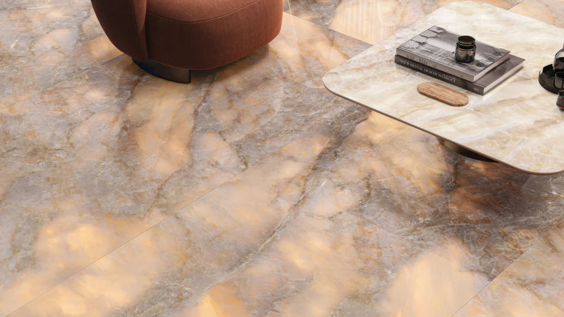 Onyx effect bathroom tiles featuring warm beige and gray marble textured porcelain floor tiles