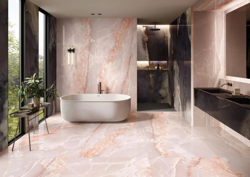 Free-standing white bathtub with sleek modern design and polished marble-like finish from onyx effect tiles collection
