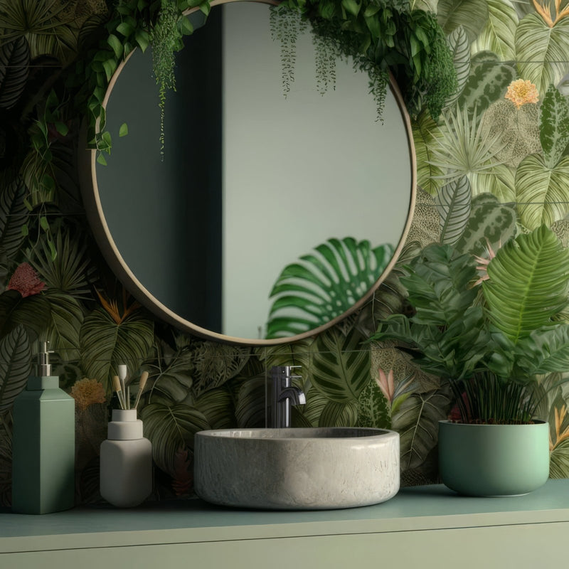 Round mirror with thin light-colored frame hanging above stone sink against tropical leaf wallpaper in original style living tiles collection