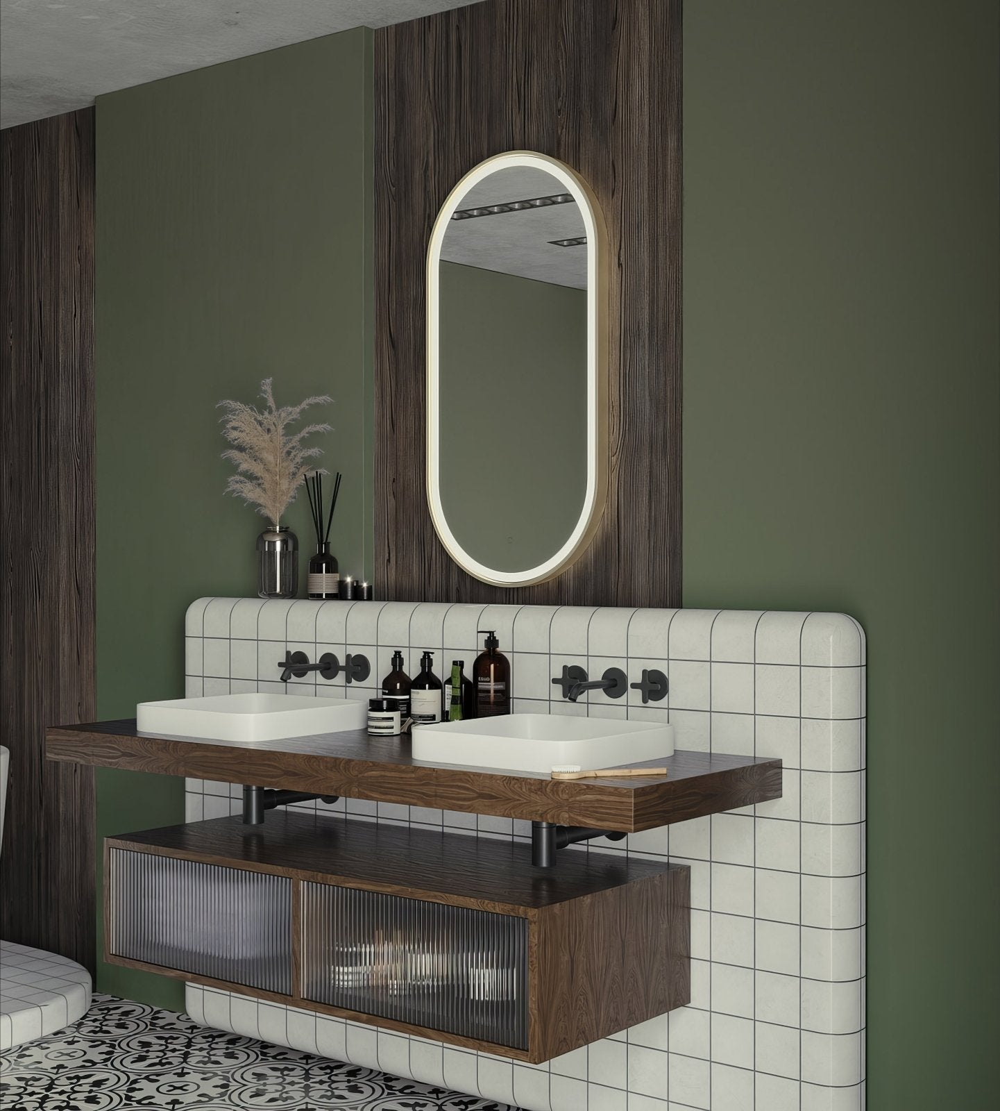 Modern oval mirror with a glowing white LED frame set against dark wood paneling from the oval mirrors collection.