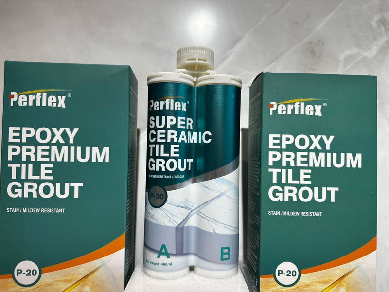 Perflex super ceramic tile grout in a teal and white dual-component tube for outdoor use from Perflex epoxy grout collection