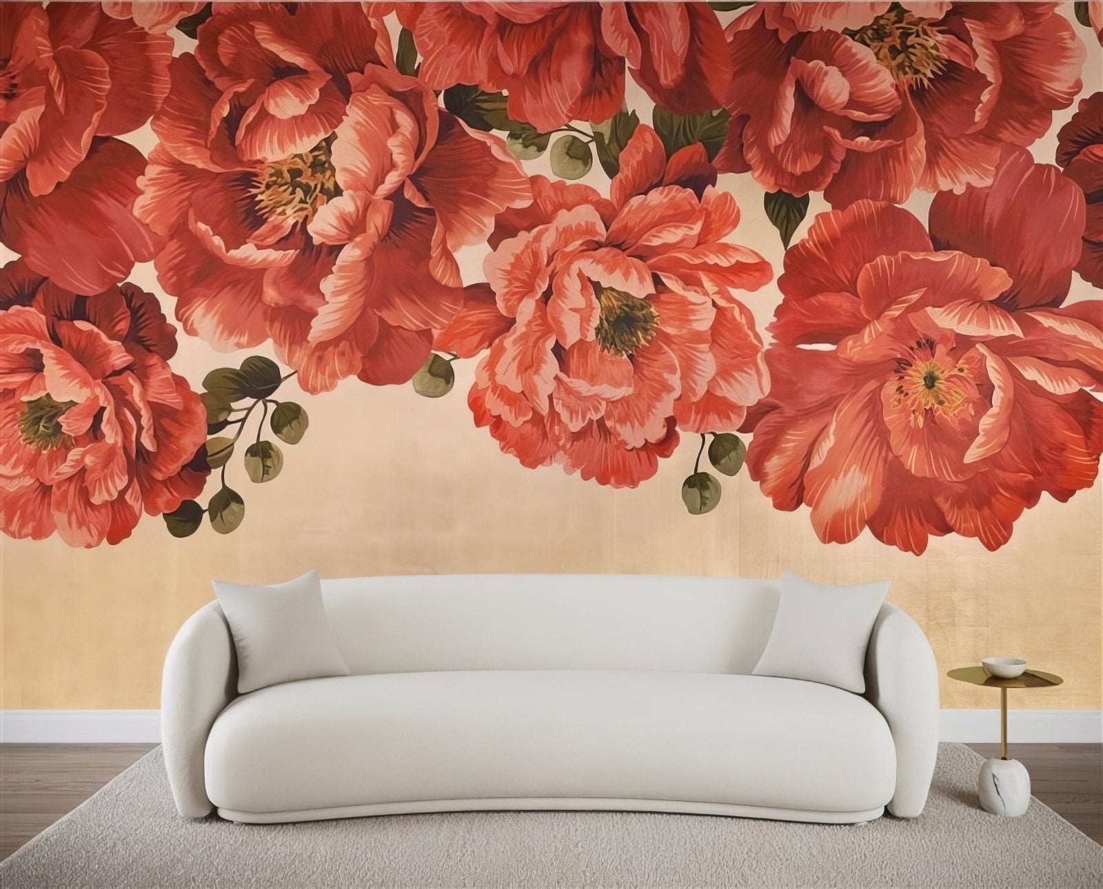 White curved sofa with soft cushions against vibrant red floral wallpaper from the phillip jeffries wallpaper collection