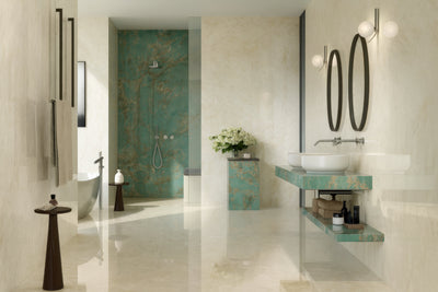 The bathroom features a sleek porcelain bathroom tile vanity with a turquoise marble countertop and integrated ceramic sink