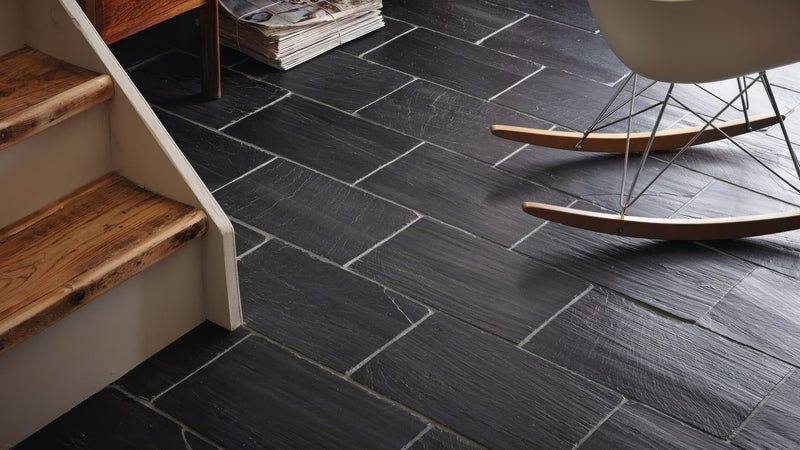 Rectangle bathroom tiles dark gray slate with a natural textured surface and subtle white grout lines