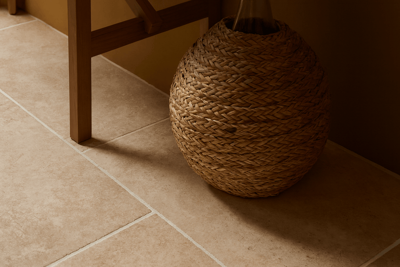 A round woven wicker basket with a natural tan color and tight braiding in a rectangle floor tiles collection