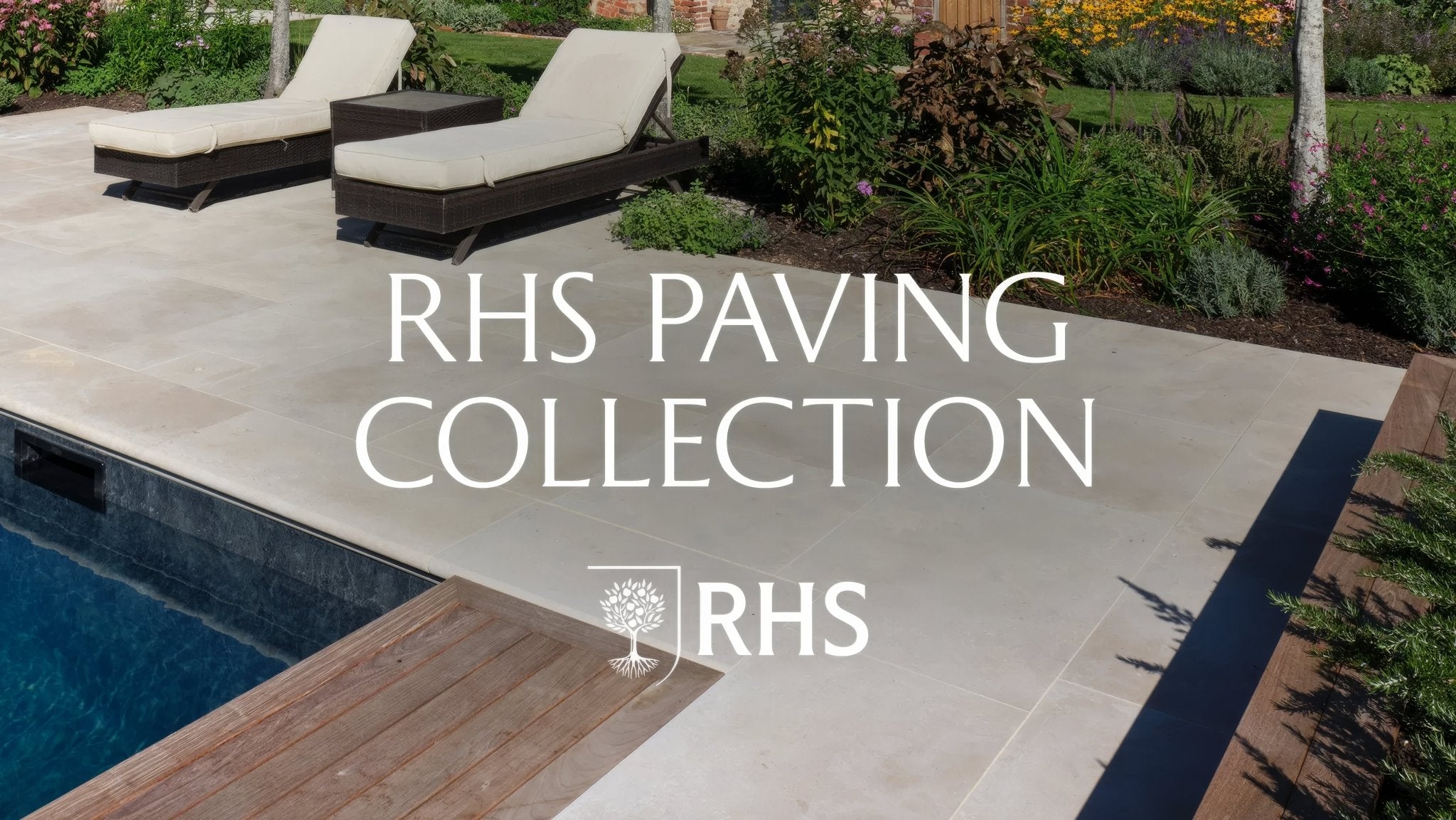 Beige rectangular paving stones with smooth natural stone finish from the RHS paving collection for outdoor use