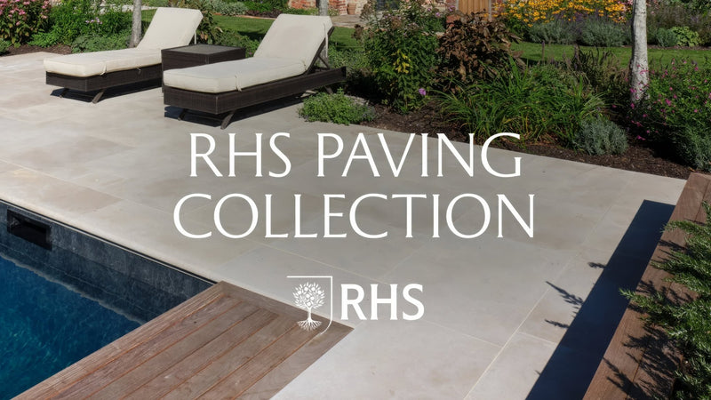 Beige rectangular paving stones with smooth natural stone finish from the RHS paving collection for outdoor use