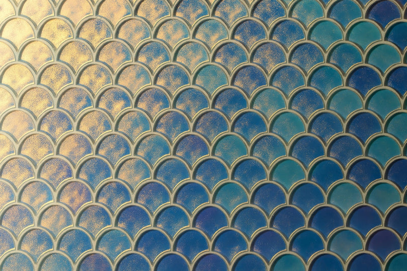 Blue and gold ceramic fish scale patterned scallop bathroom tiles ideal for stylish wall decoration
