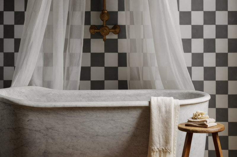 A classic white marble bathtub with smooth curved design and elegant gold toned faucet fixtures in shower wall tiles collection