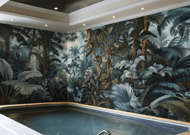 A lush dark-toned jungle mural from splashbax featuring detailed teal black and brown palm trees and lemur figures