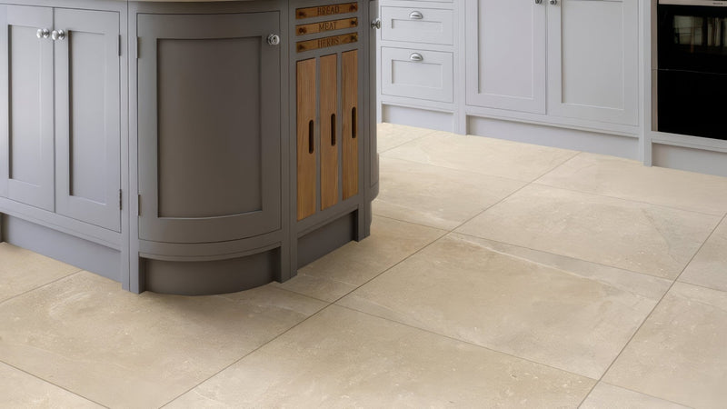 Beige stone-effect kitchen floor tiles with subtle matte finish from square kitchen tiles collection