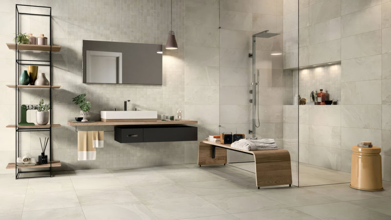 Modern minimalist bathroom vanity with sleek white rectangular sink dark matte black floating cabinet and light wood countertop