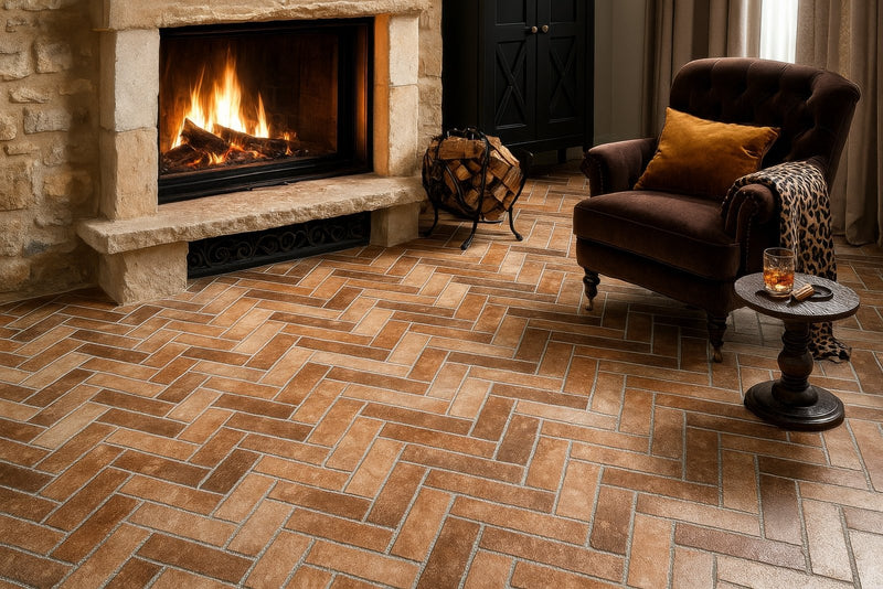 Brown ceramic floor tiles with herringbone pattern featuring terracotta effect for indoor flooring use