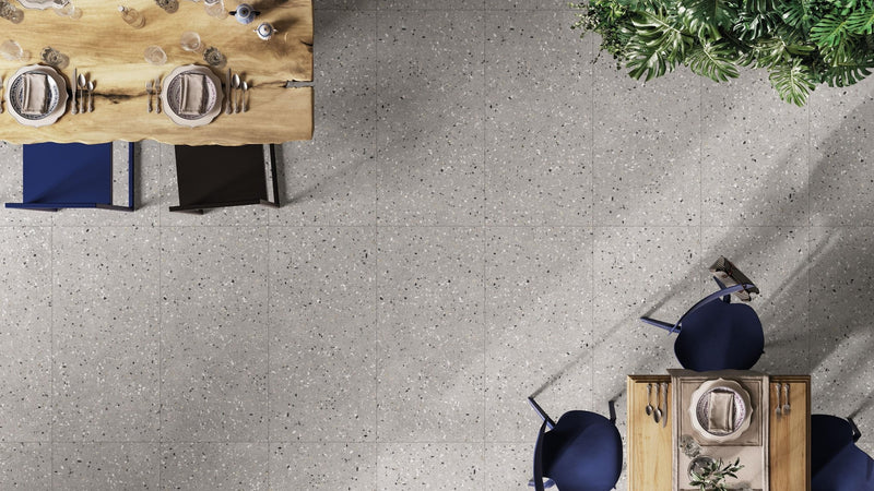 Gray speckled terrazzo kitchen floor tiles showcasing terrazzo effect with durable stone and resin composite design