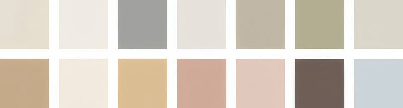 A collection of ten neutral-toned victorian floor tile plain colours paint swatches in beige gray taupe and muted earthy hues