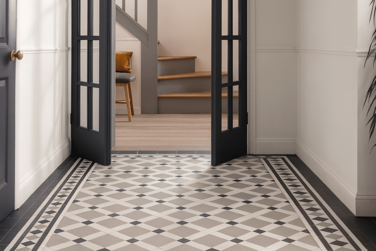 The victorian floor tiles feature a geometric pattern with light gray and black diamond shapes framed by dark border tiles
