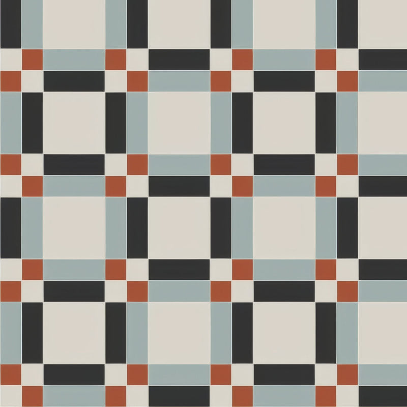 Geometric patterned victorian floor tile in belfast pattern with black light blue terracotta red and off white squares
