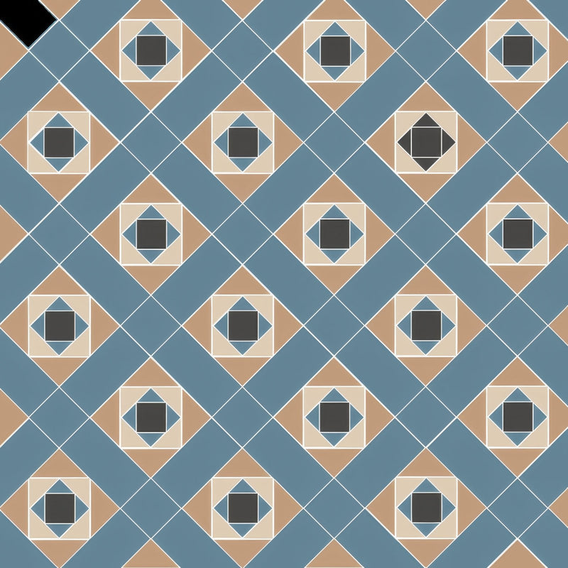 Victorian floor tiles Conway pattern featuring geometric diamond design in blue beige and black for decorative flooring