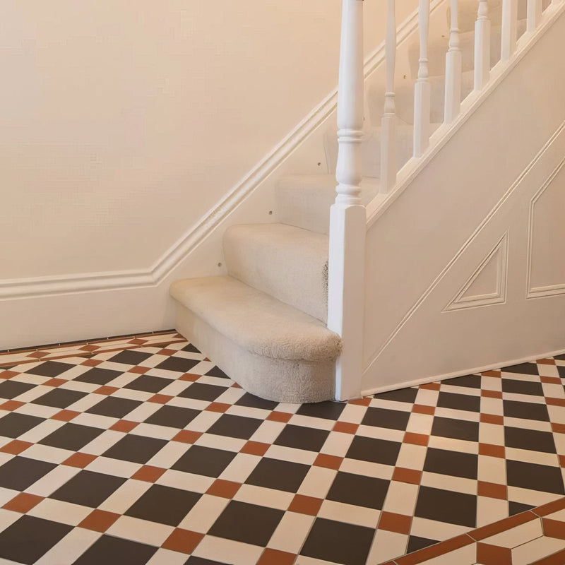 The floor features victorian checkered tiles in dark brown cream and terracotta colors by falkirk tiles