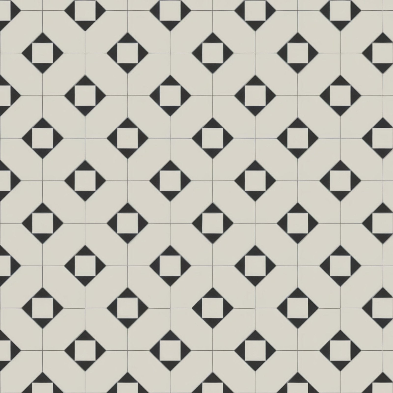 Black and white geometric patterned Victorian floor tiles with diamond-shaped motifs from the huntingdon pattern collection