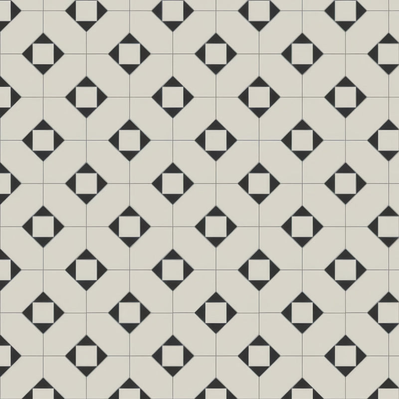 Black and white geometric patterned Victorian floor tiles with diamond-shaped motifs from the huntingdon pattern collection