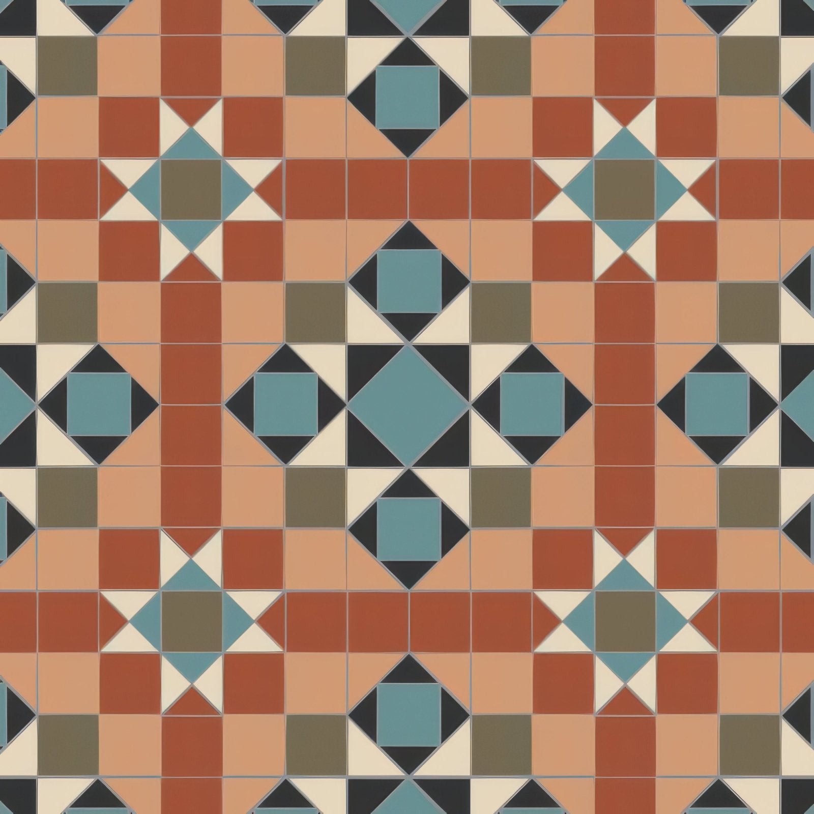 Victorian floor tiles Osborne pattern terracotta and teal geometric design with black cream and brown accents