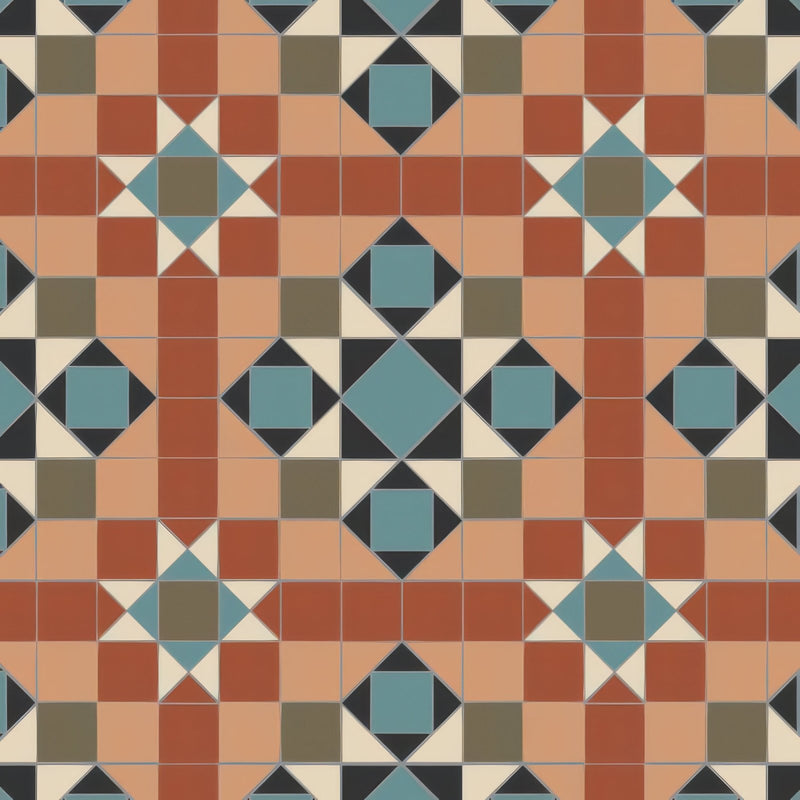 Victorian floor tiles Osborne pattern terracotta and teal geometric design with black cream and brown accents