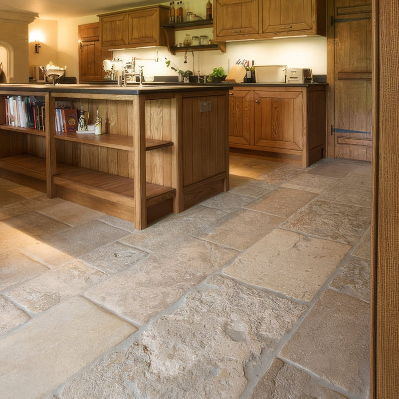 Natural stone floor tiles with rustic earthy tone and textured surface in vieux bourgogne limestone collection