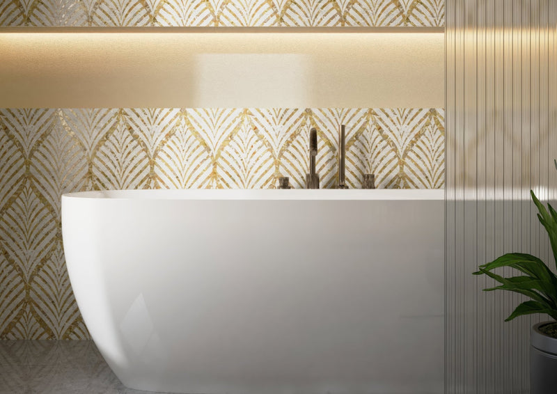 Modern white freestanding bathtub with sleek minimalist design and matte finish displayed in wall panels collection