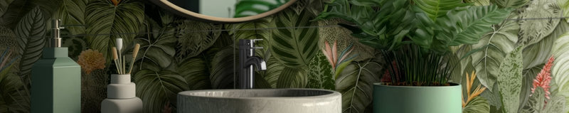 The sink is a matte gray ceramic basin with a sleek modern design and a brushed metal faucet in wallpaper tiles.