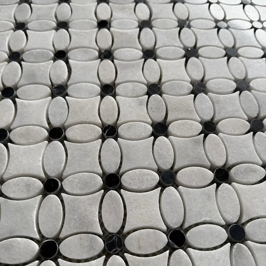 Carrara White - Nero Marquina Black Dot Polished Marble Flower Mosaic Wall & Floor Tile - alternate view