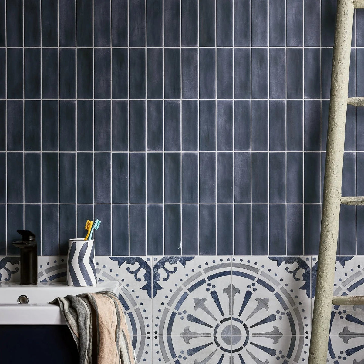 Ditty Porcelain Matt Navy mini brick tiles in a room setting