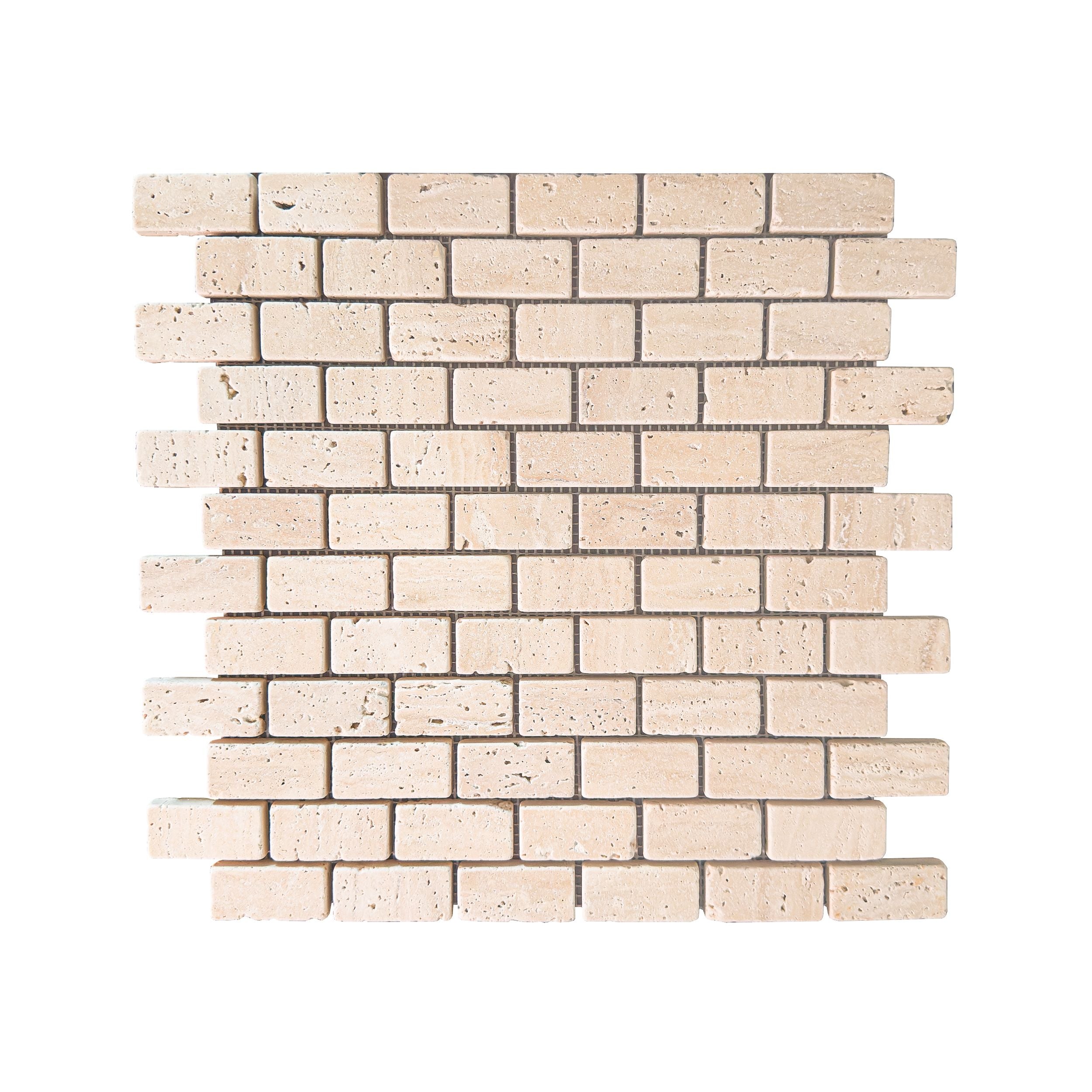 Full mesh-backed sheet of tumbled travertine brick mosaic in warm beige, shown flat