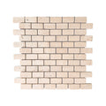 Full mesh-backed sheet of tumbled travertine brick mosaic in warm beige, shown flat