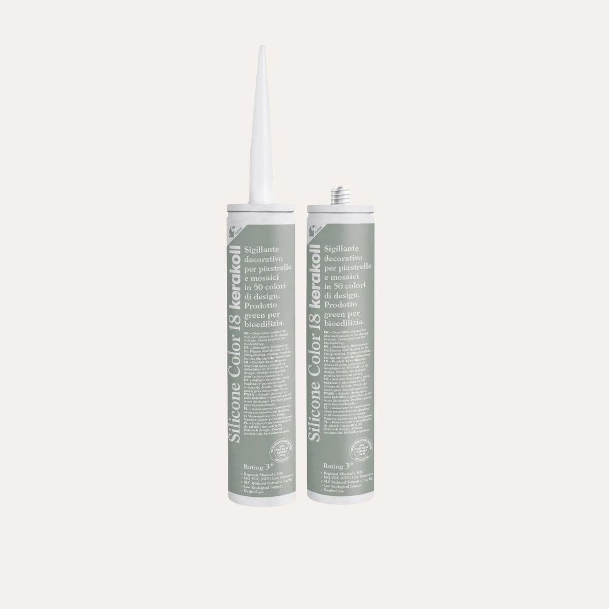 Ca'Pietra Kerakoll Silicone Colour in Sage (No.18), a colour-matched 310ml silicone sealant cartridge shown as a cured colour sample