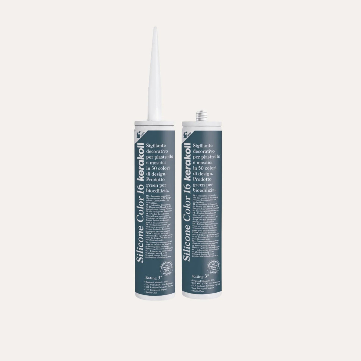 Ca'Pietra Kerakoll Silicone Colour in Velvet Blue (No.16), a colour-matched 310ml silicone sealant cartridge shown as a cured colour sample