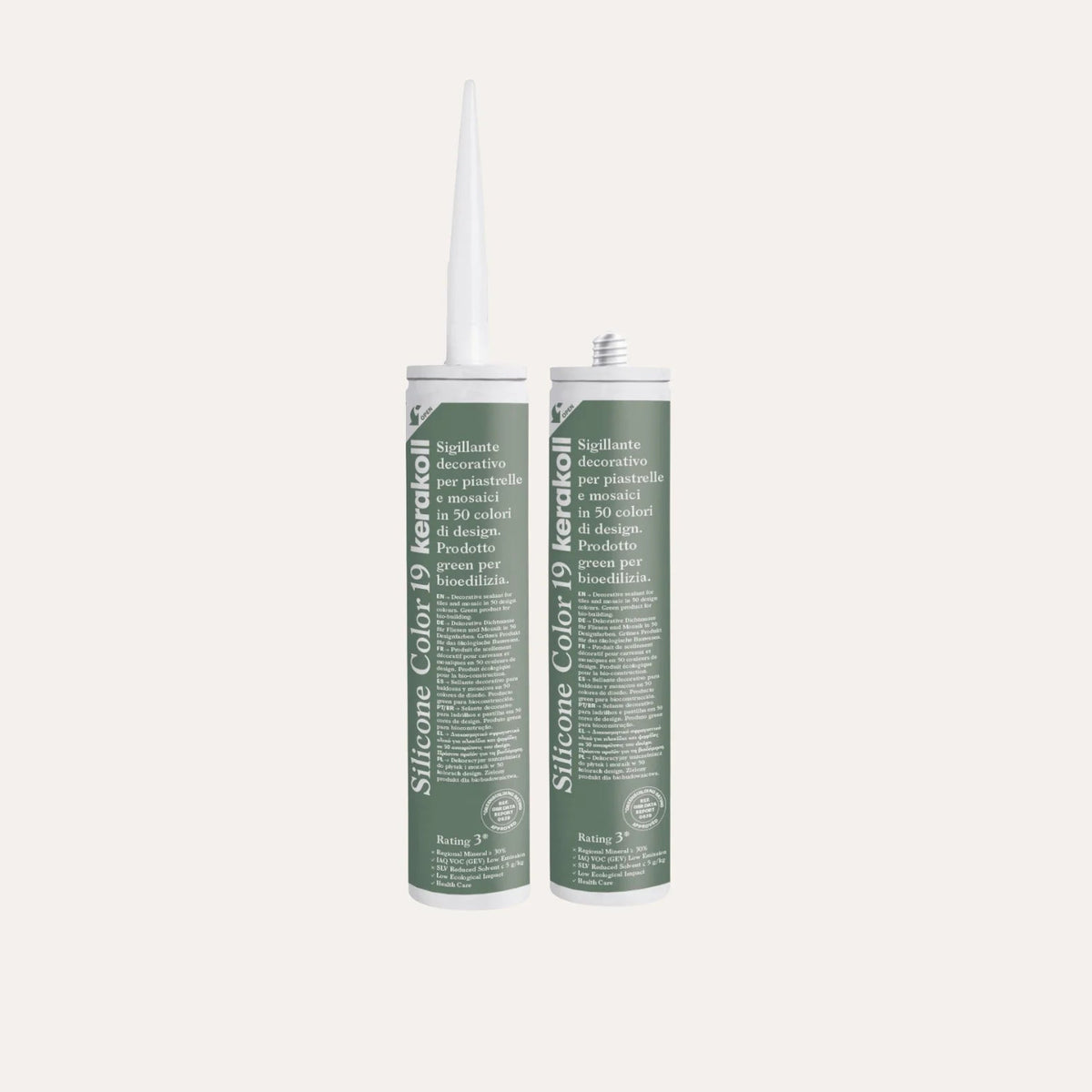 Ca'Pietra Kerakoll Silicone Colour in Olive (No.19), a colour-matched 310ml silicone sealant cartridge shown as a cured colour sample