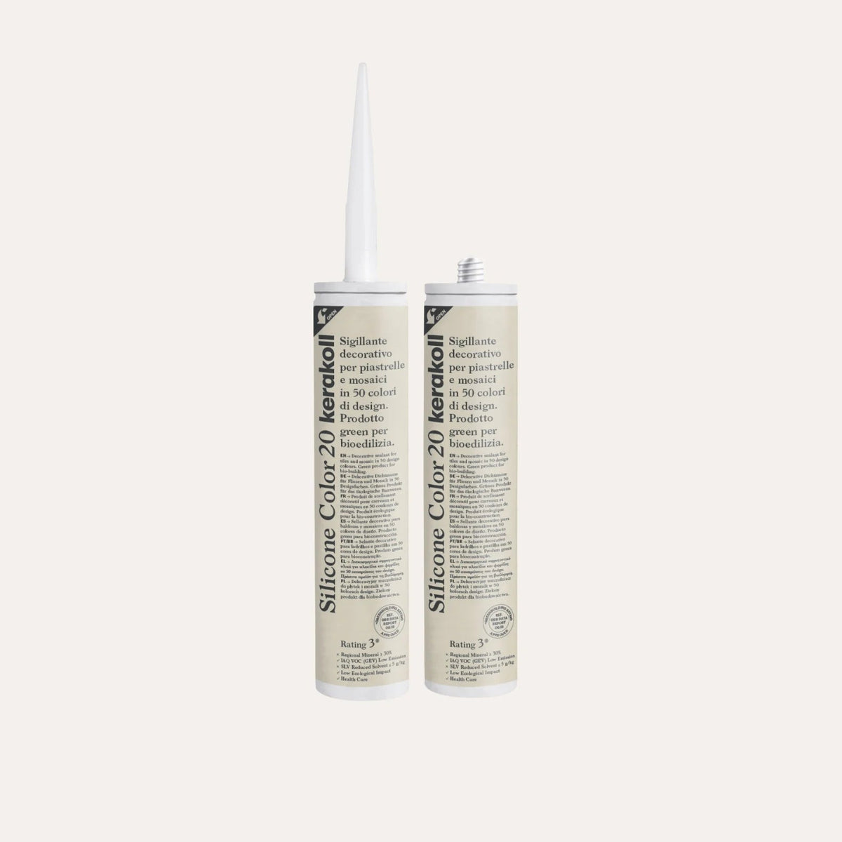 Ca'Pietra Kerakoll Silicone Colour in Limestone (No.20), a colour-matched 310ml silicone sealant cartridge shown as a cured colour sample