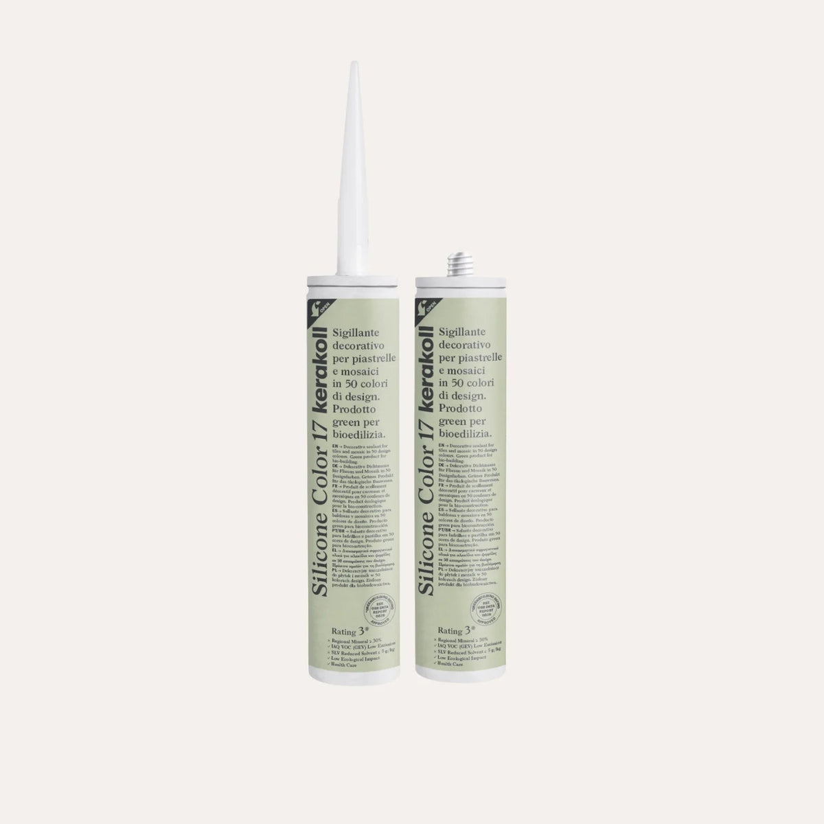 Ca'Pietra Kerakoll Silicone Colour in Fennel Green (No.17), a colour-matched 310ml silicone sealant cartridge shown as a cured colour sample