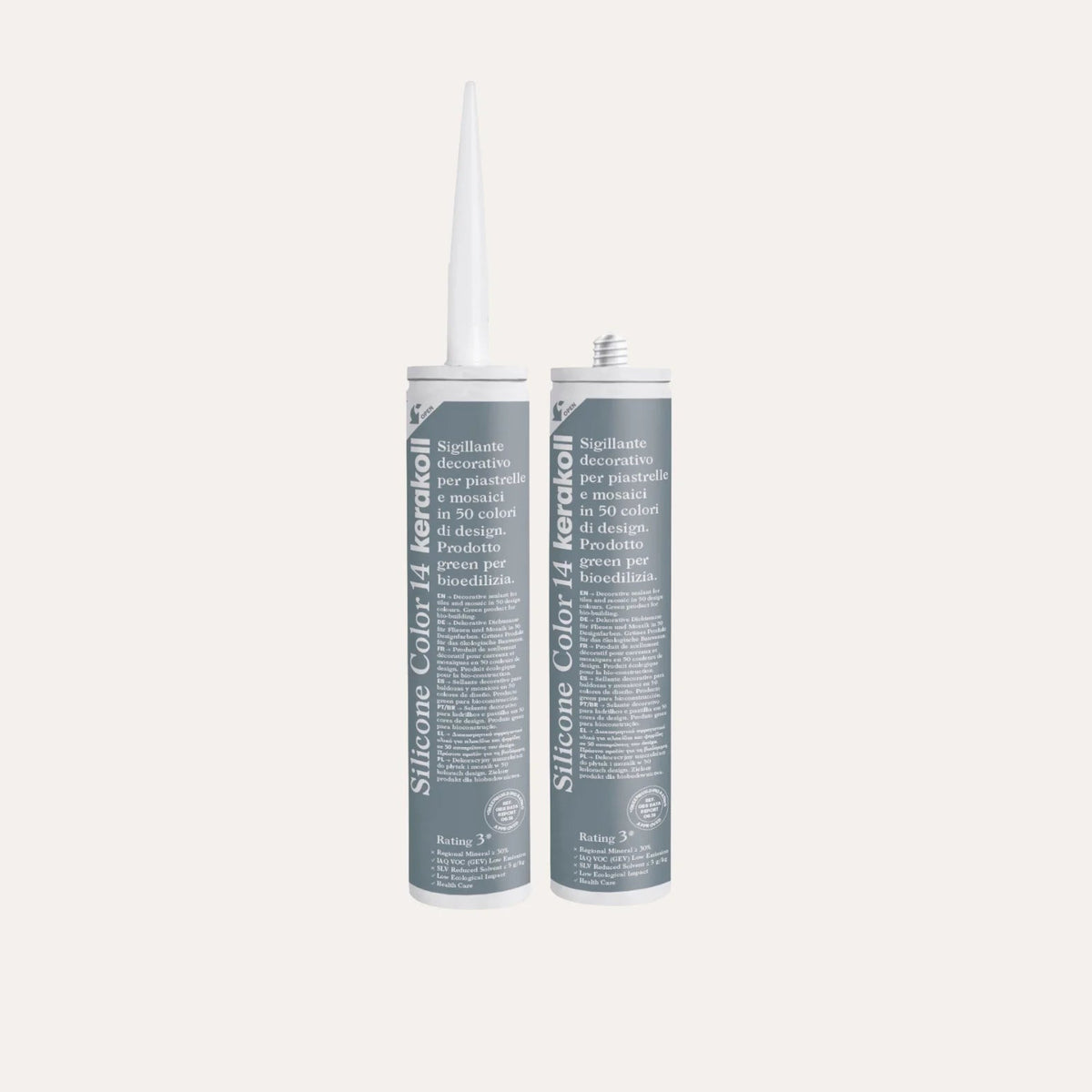 Ca'Pietra Kerakoll Silicone Colour in Blue Grey (No.14), a colour-matched 310ml silicone sealant cartridge shown as a cured colour sample