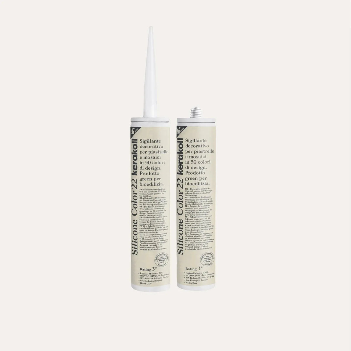 Ca'Pietra Kerakoll Silicone Colour in Warm Jasmine (No.22), a colour-matched 310ml silicone sealant cartridge shown as a cured colour sample