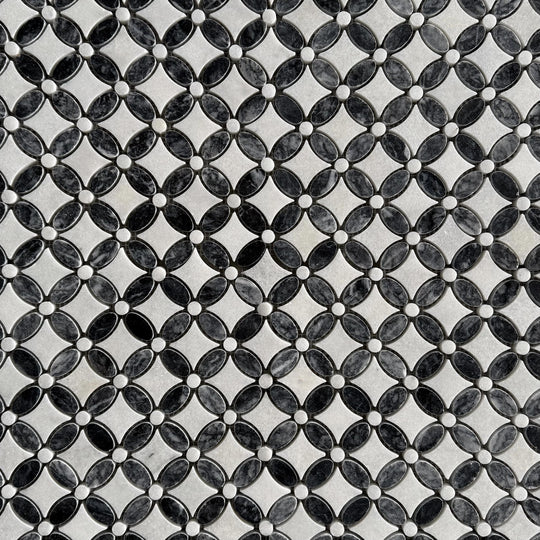 Carrara White - Platinum Black Polished Marble Flower Mosaic Wall & Floor Tile