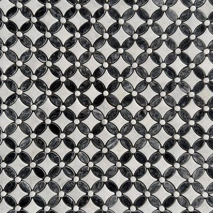 Carrara White - Platinum Black Polished Marble Flower Mosaic Wall & Floor Tile - thumbnail 1