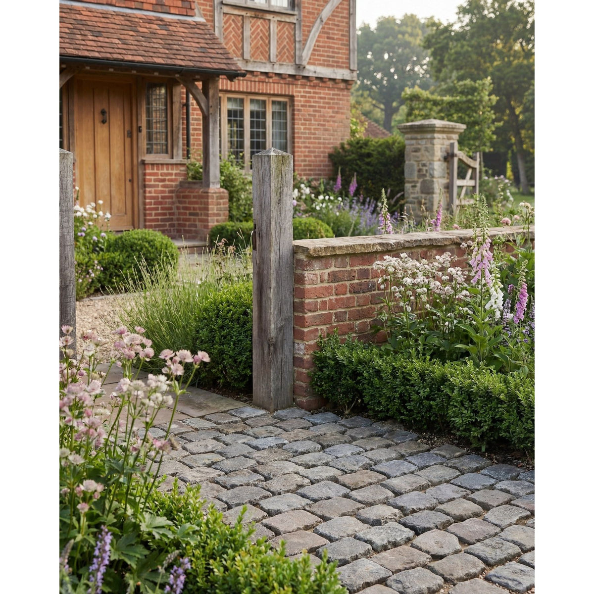 
Garden path laid with reclaimed Antwerp Granite cobbles