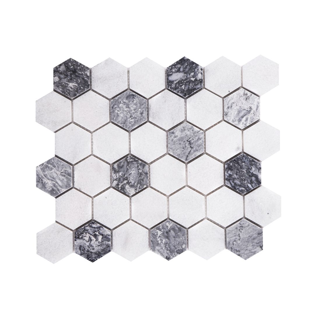 Full mesh-backed sheet of honed Carrara white and platinum grey marble hexagon mosaic