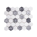 Full mesh-backed sheet of honed Carrara white and platinum grey marble hexagon mosaic