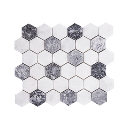 Full mesh-backed sheet of honed Carrara white and platinum grey marble hexagon mosaic